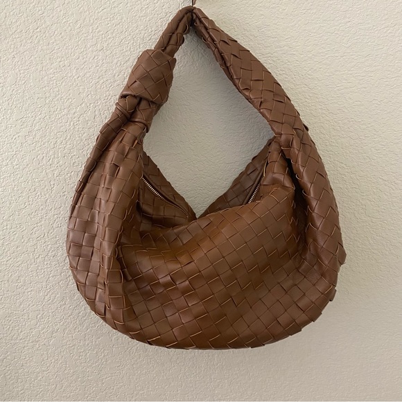 Brown Gold Weave Large Jodie Bag Sheepskin Leather Woven Intrecciato Satchel B10 - Picture 2 of 9